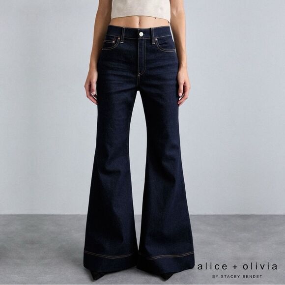 Alice + Olivia **NWT** SB High Rise Bell Flare Leg Jean in Dark Rinse Blue Denim - Picture 9 of 16